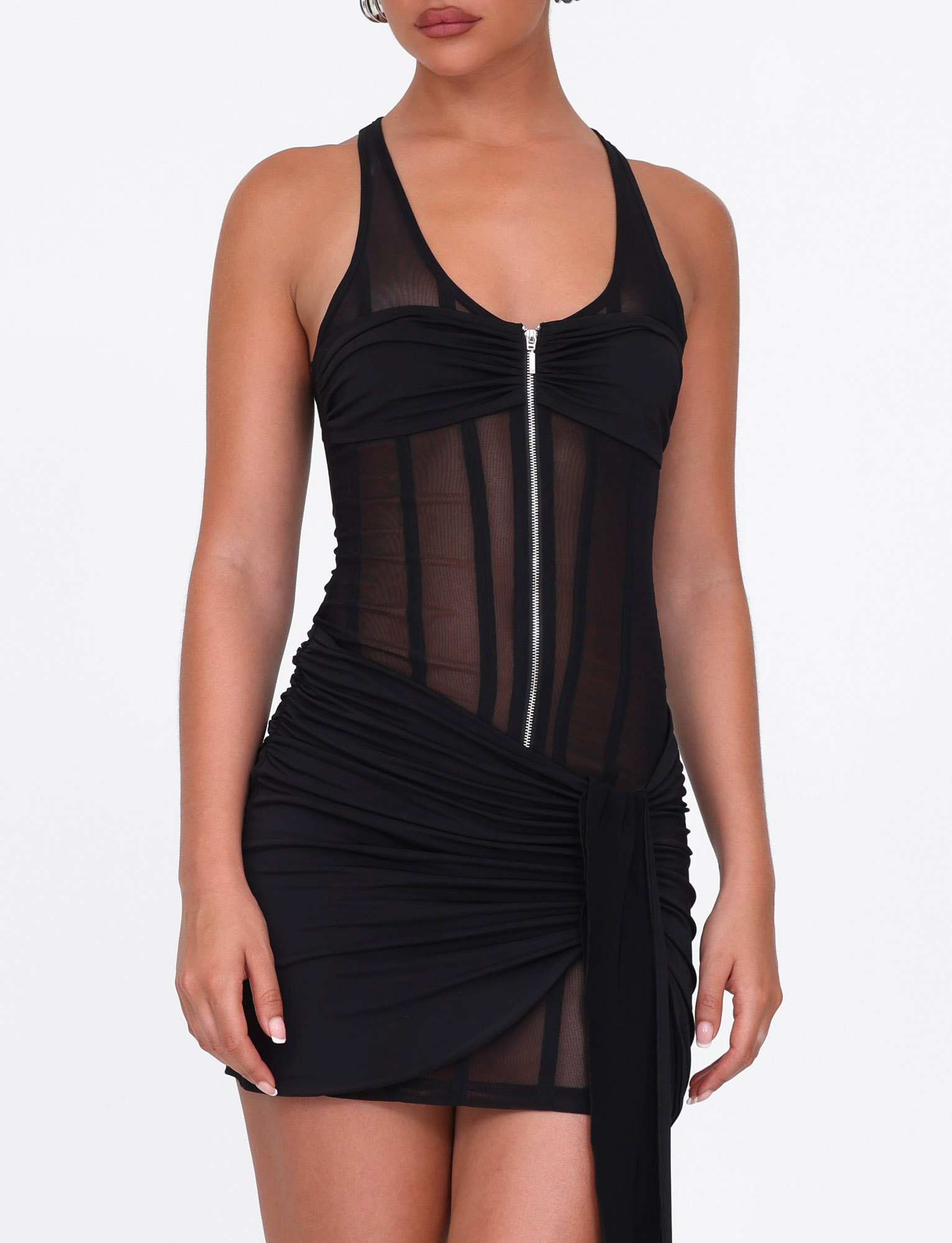 V-Neck Zip Front Sheer Mesh Corset Panel Ruched Wrap Tie Hem Mini Dress