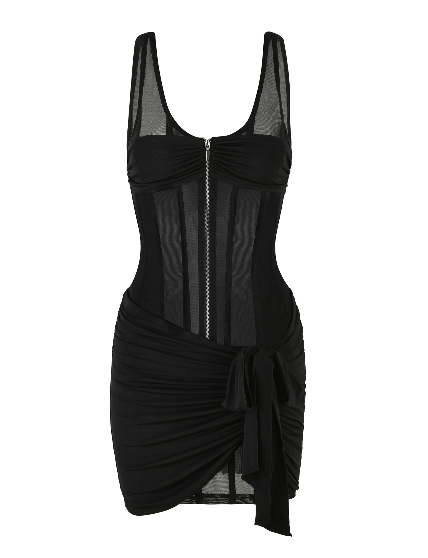 V-Neck Zip Front Sheer Mesh Corset Panel Ruched Wrap Tie Hem Mini Dress
