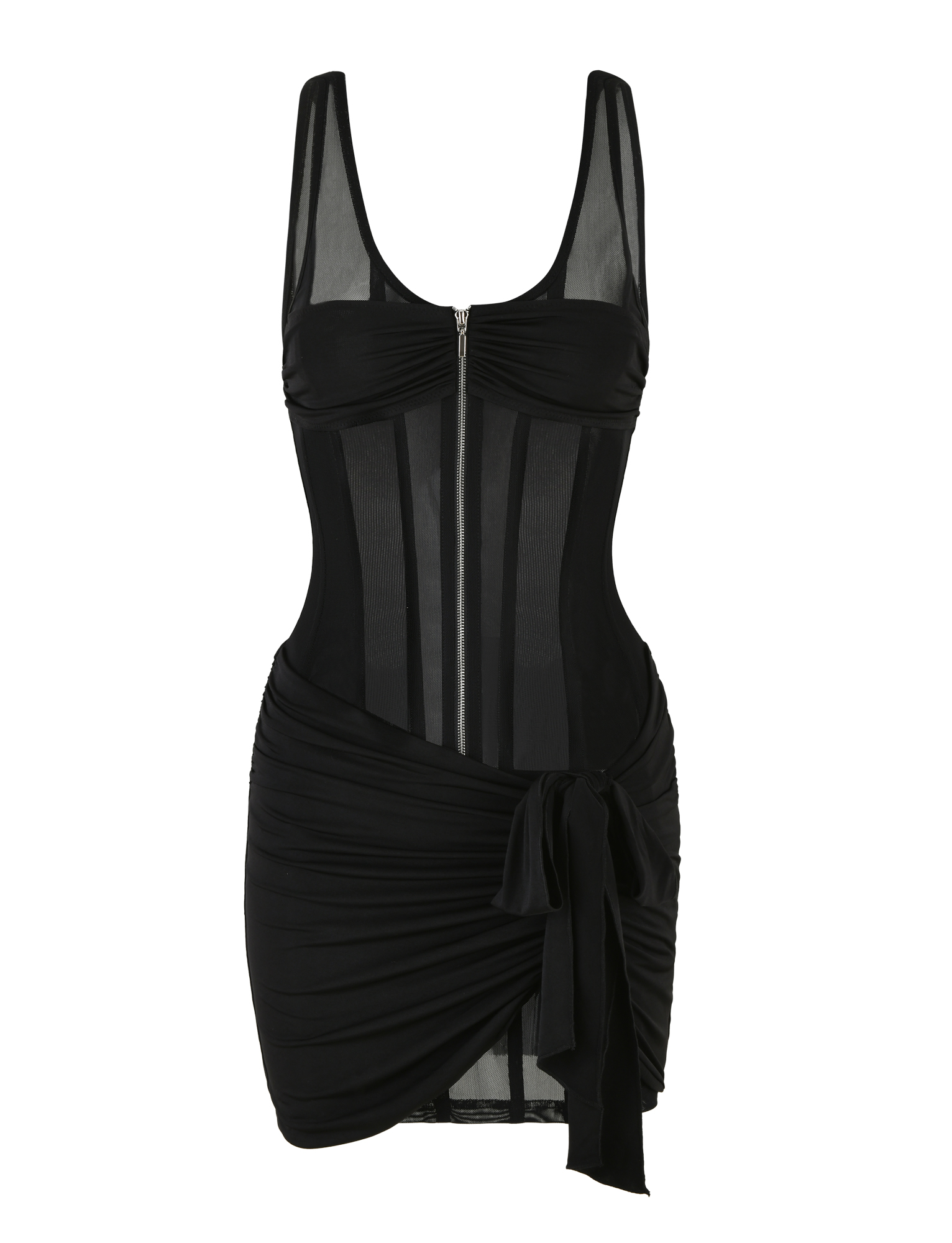 V-Neck Zip Front Sheer Mesh Corset Panel Ruched Wrap Tie Hem Mini Dress
