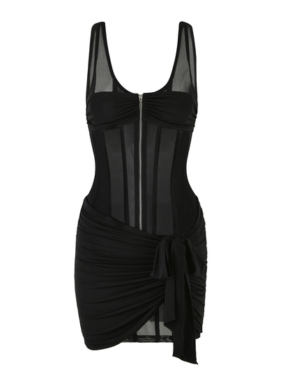 V-Neck Zip Front Sheer Mesh Corset Panel Ruched Wrap Tie Hem Mini Dress