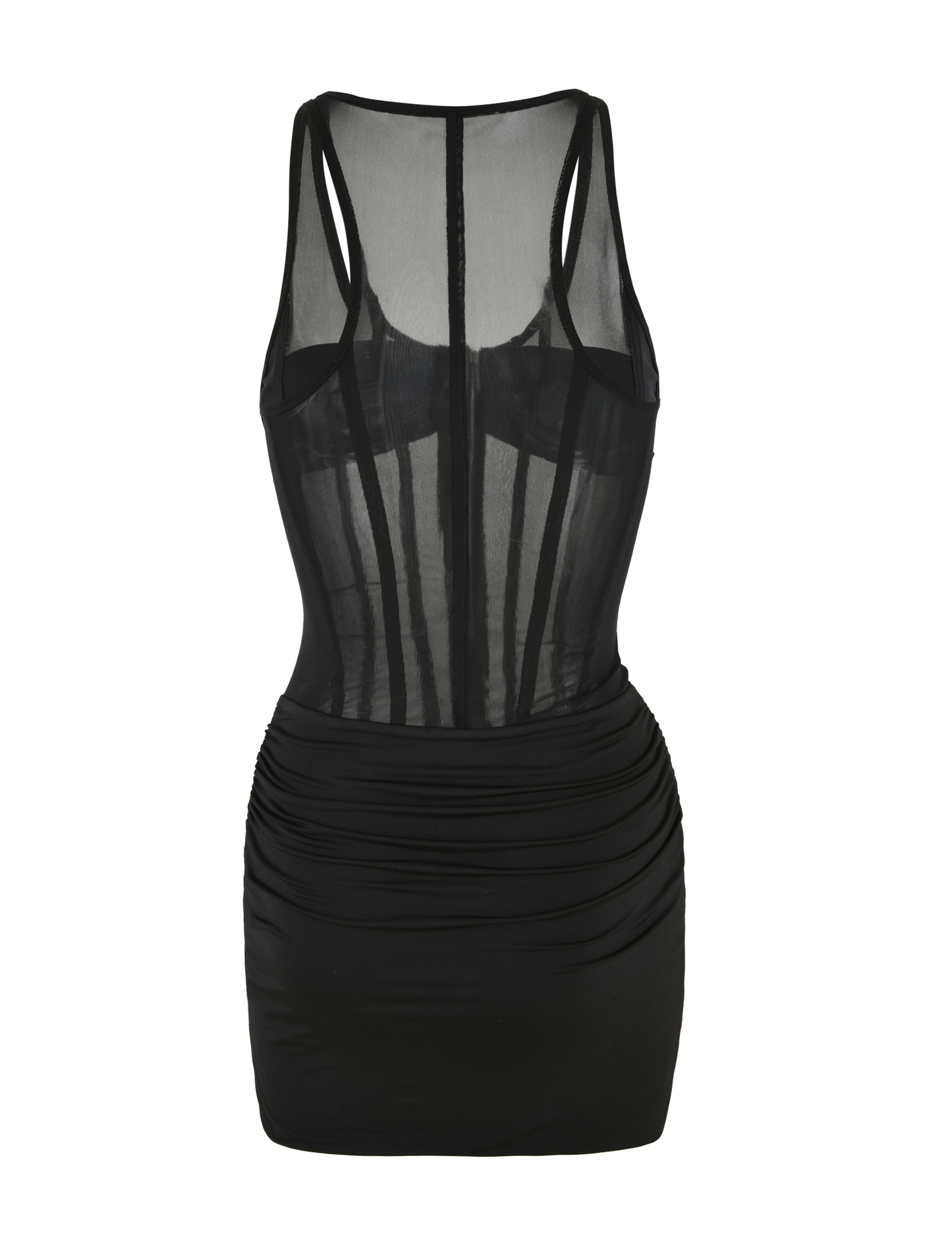 V-Neck Zip Front Sheer Mesh Corset Panel Ruched Wrap Tie Hem Mini Dress