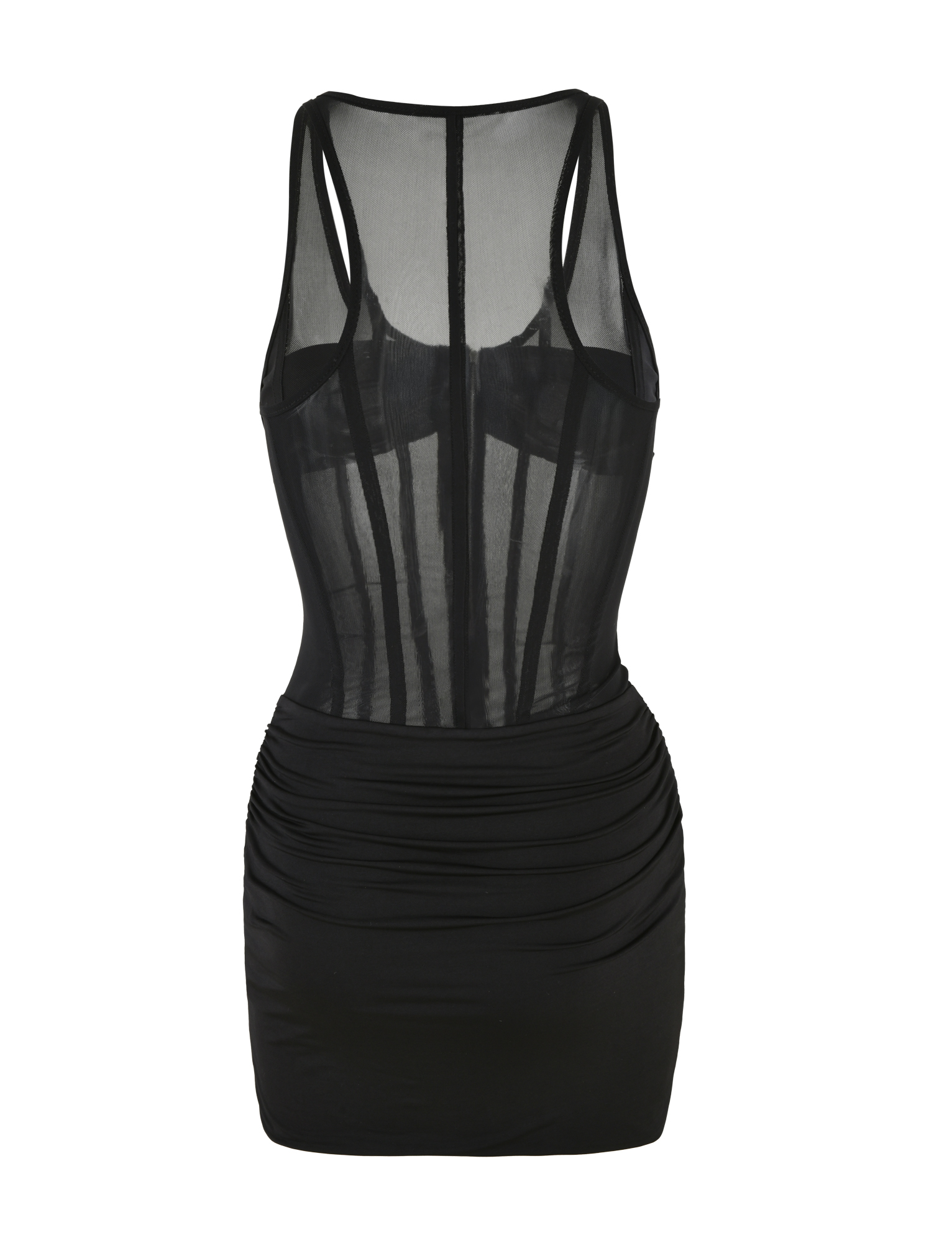 V-Neck Zip Front Sheer Mesh Corset Panel Ruched Wrap Tie Hem Mini Dress
