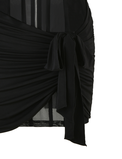 V-Neck Zip Front Sheer Mesh Corset Panel Ruched Wrap Tie Hem Mini Dress