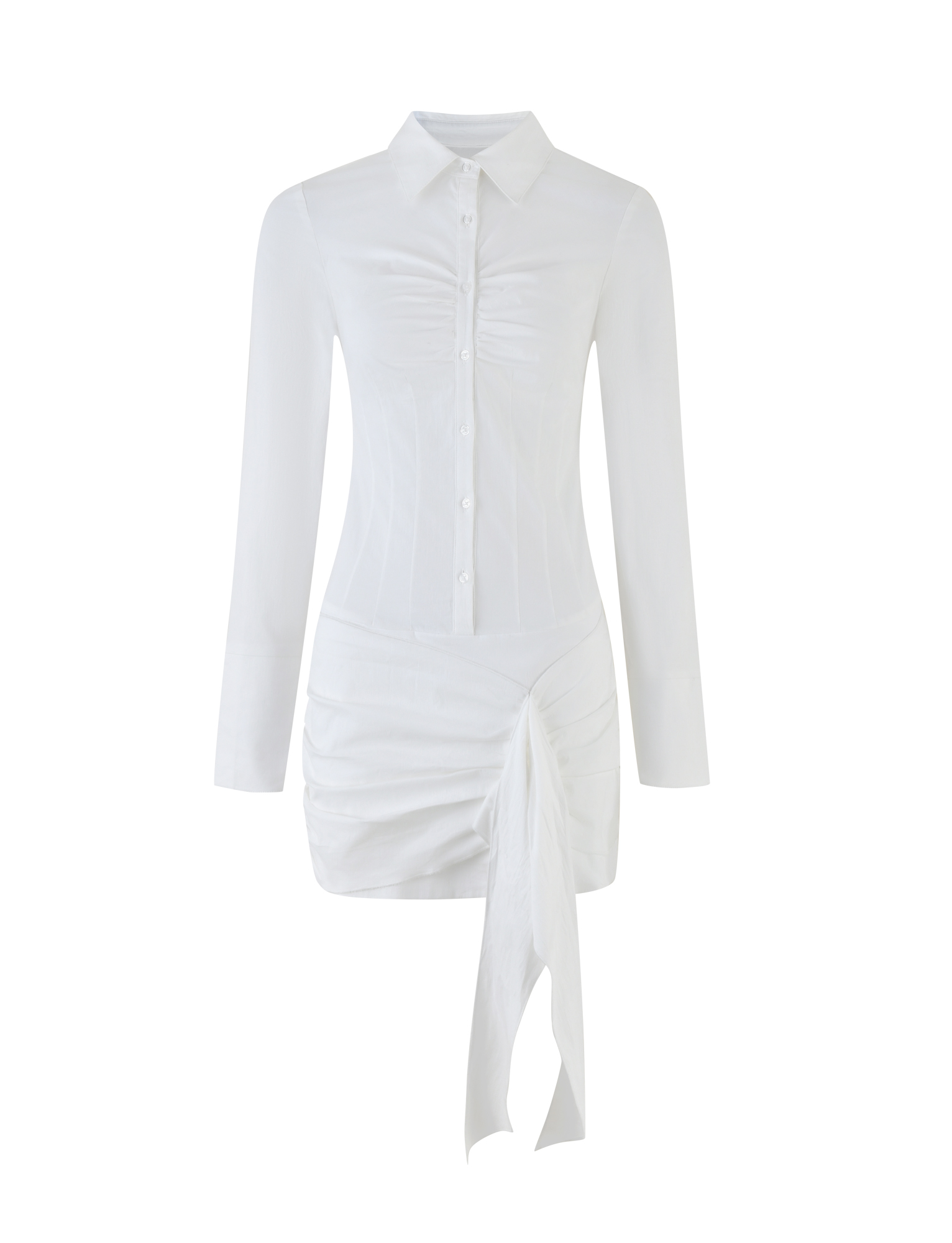 Point Collar Button Front Corset Panel Side Tie Wrap Mini Dress