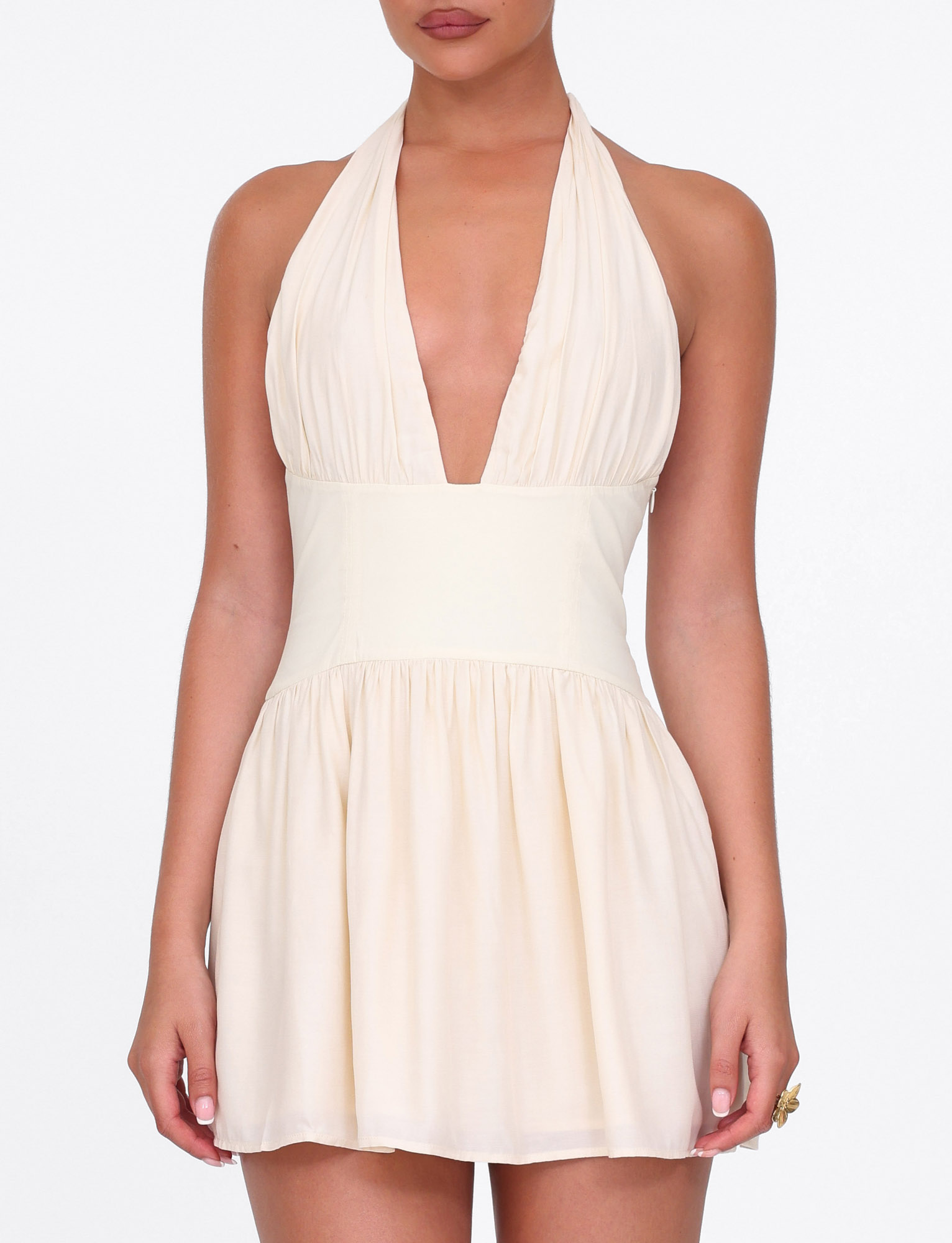 Halter Plunging V Neck Ruched Bust Fitted Waist Flared Mini Dress