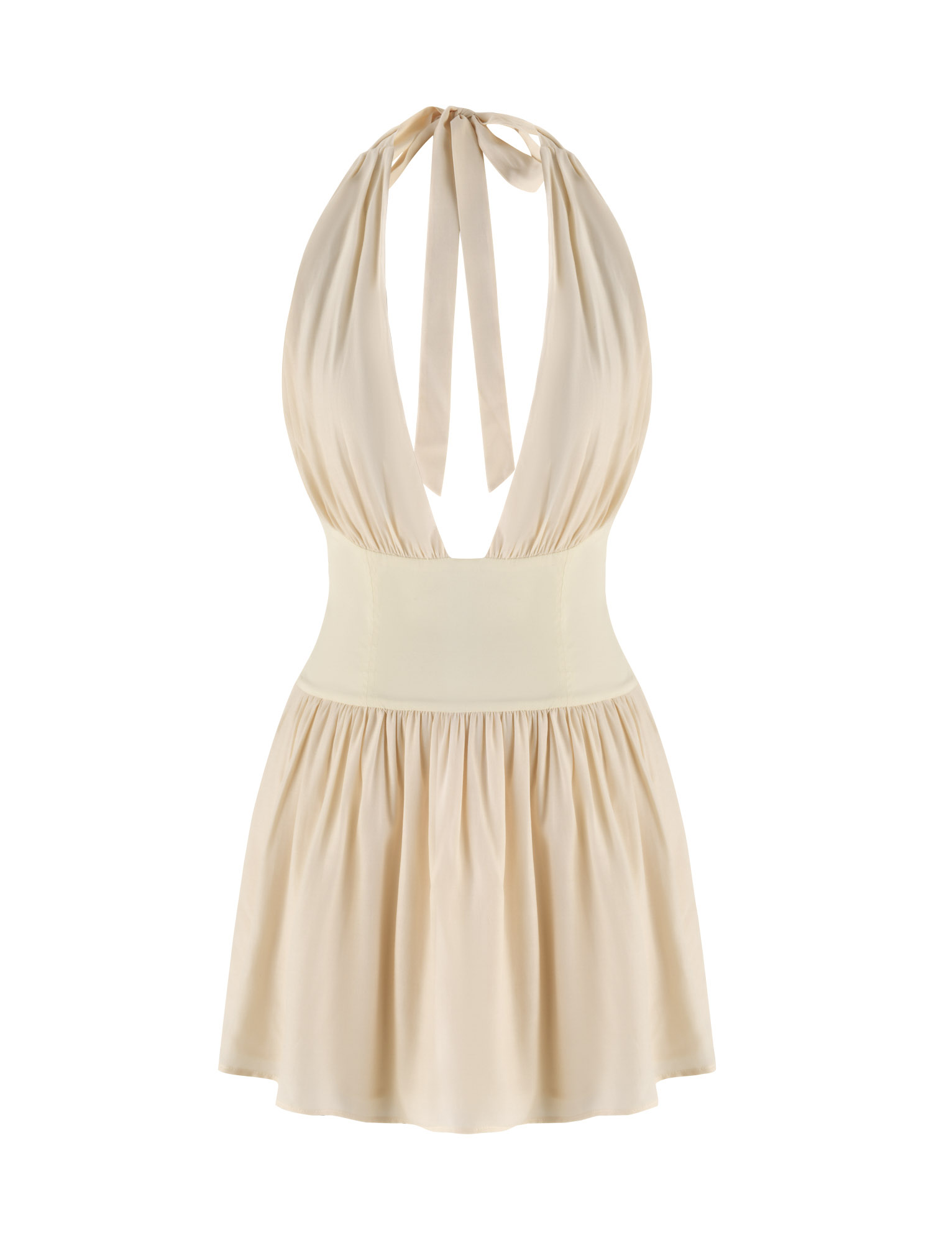 Halter Plunging V Neck Ruched Bust Fitted Waist Flared Mini Dress