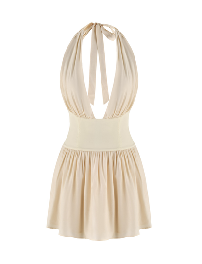 Halter Plunging V Neck Ruched Bust Fitted Waist Flared Mini Dress