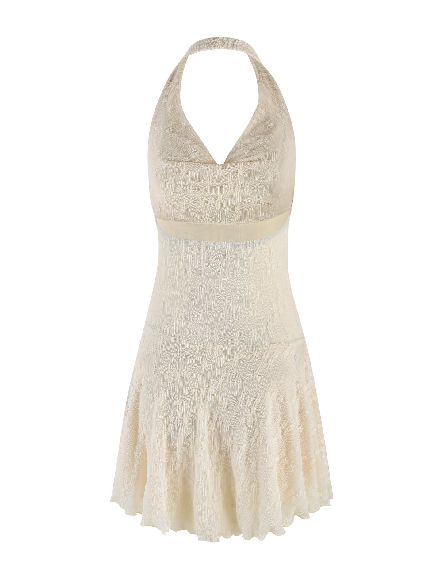 Halter Cowl Neck Drop Waist Ruffled Lace Burnout Mini Dress