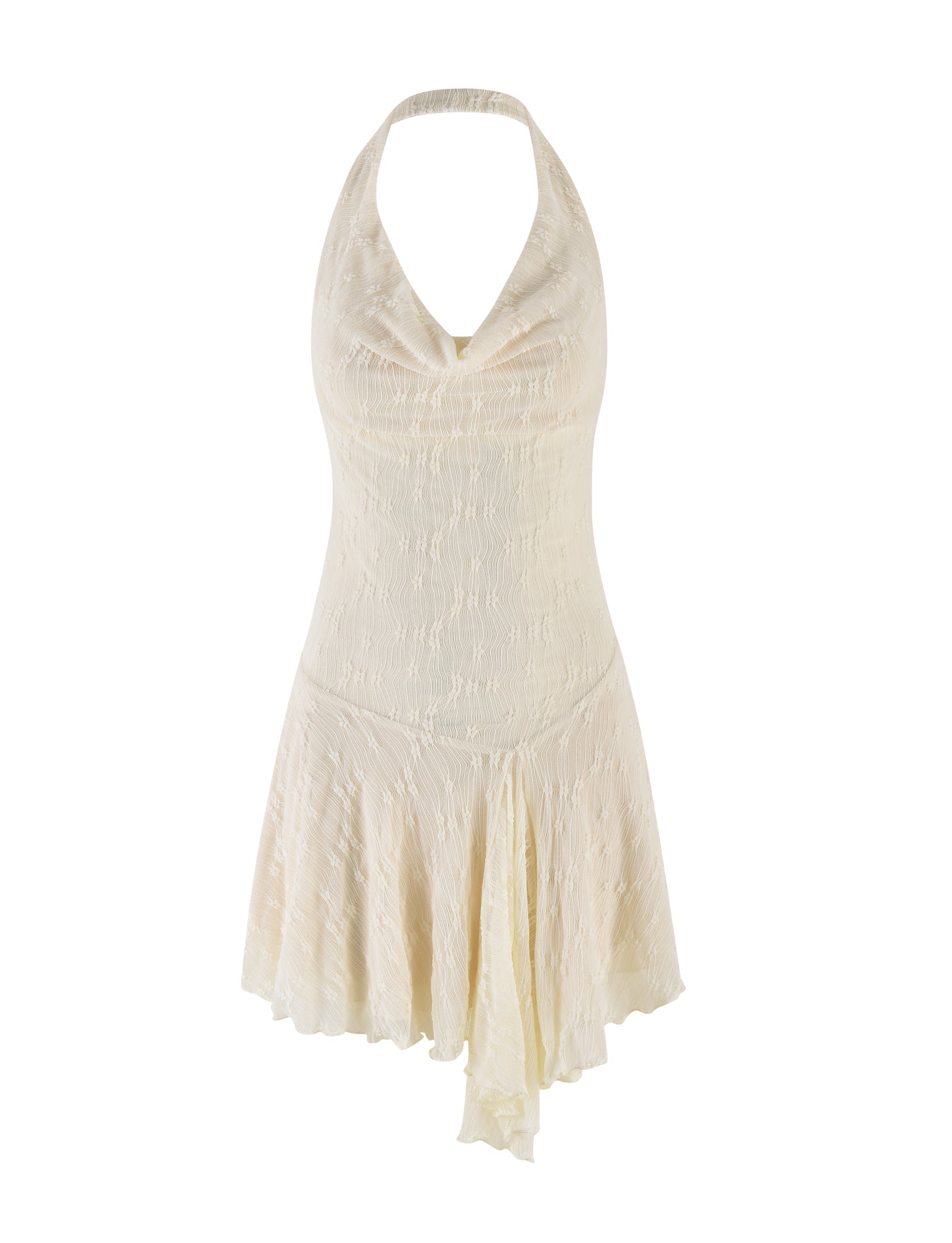 Halter Cowl Neck Drop Waist Ruffled Lace Burnout Mini Dress