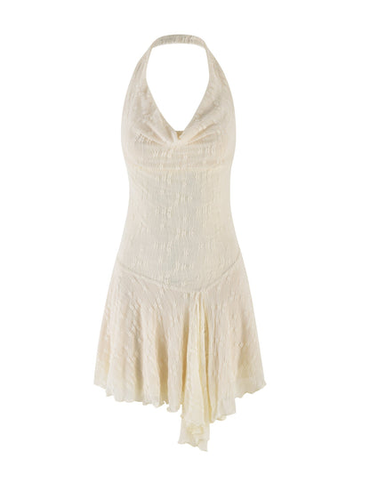 Halter Cowl Neck Drop Waist Ruffled Lace Burnout Mini Dress