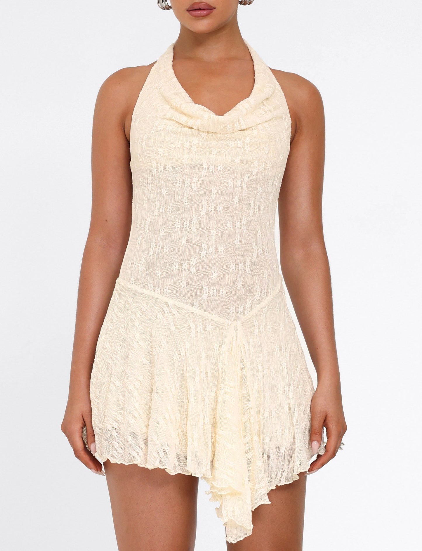 Halter Cowl Neck Drop Waist Ruffled Lace Burnout Mini Dress