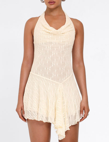 Halter Cowl Neck Drop Waist Ruffled Lace Burnout Mini Dress