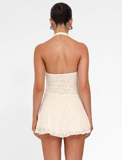 Halter Cowl Neck Drop Waist Ruffled Lace Burnout Mini Dress