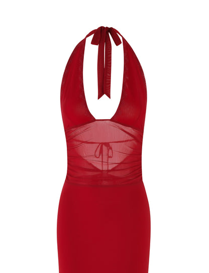 Halter Deep V Plunge Mesh Waist Panel Bodycon Maxi Dress