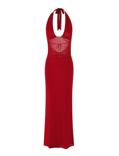 Halter Deep V Plunge Mesh Waist Panel Bodycon Maxi Dress