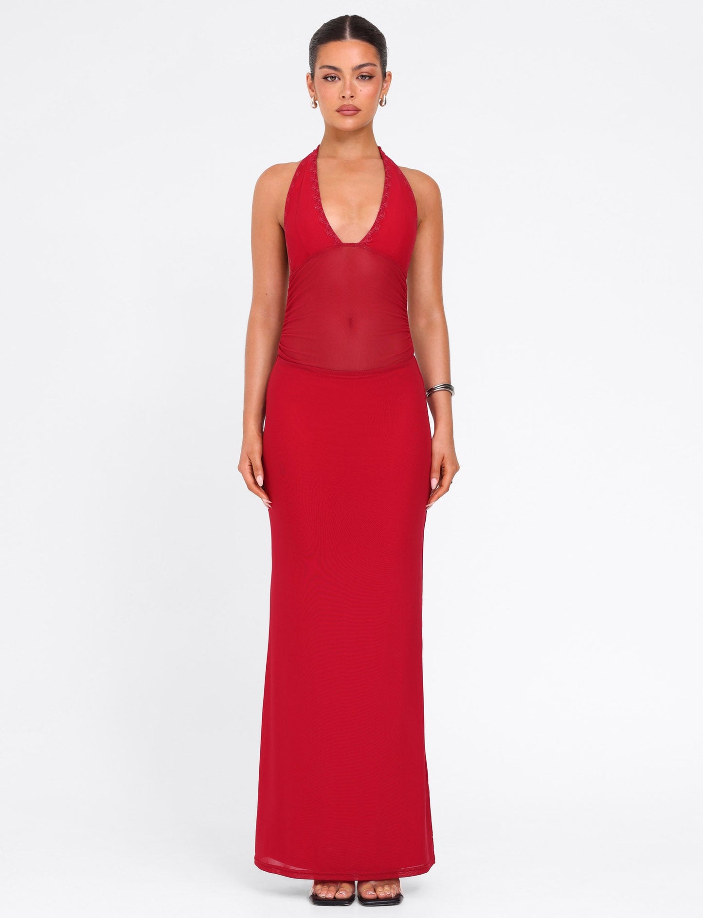 Halter Deep V Plunge Mesh Waist Panel Bodycon Maxi Dress