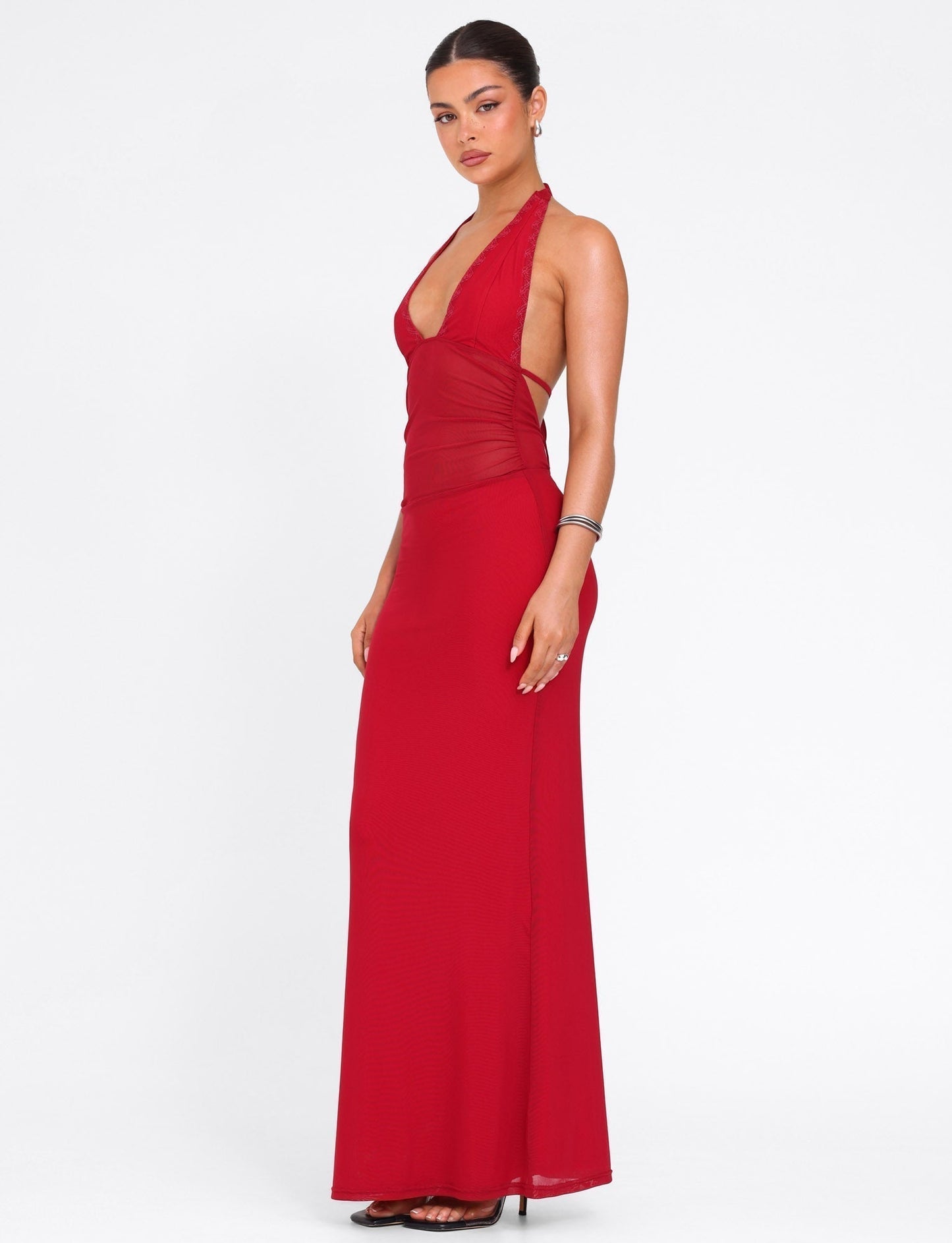 Halter Deep V Plunge Mesh Waist Panel Bodycon Maxi Dress