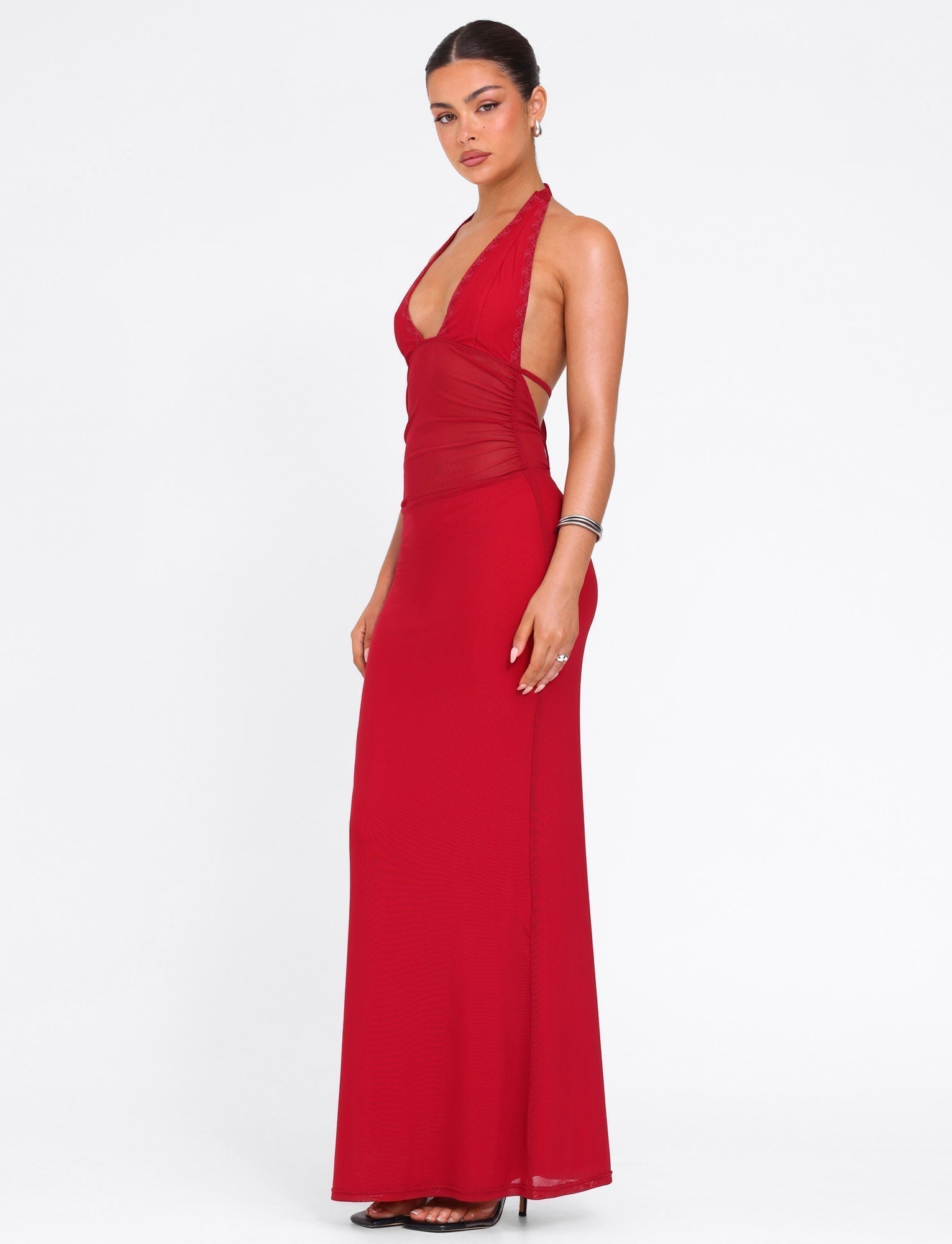 Halter Deep V Plunge Mesh Waist Panel Bodycon Maxi Dress