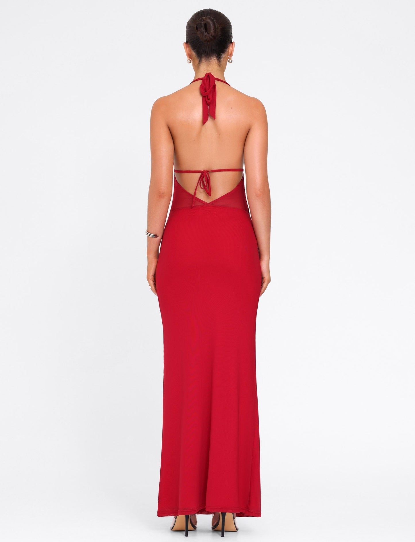 Halter Deep V Plunge Mesh Waist Panel Bodycon Maxi Dress