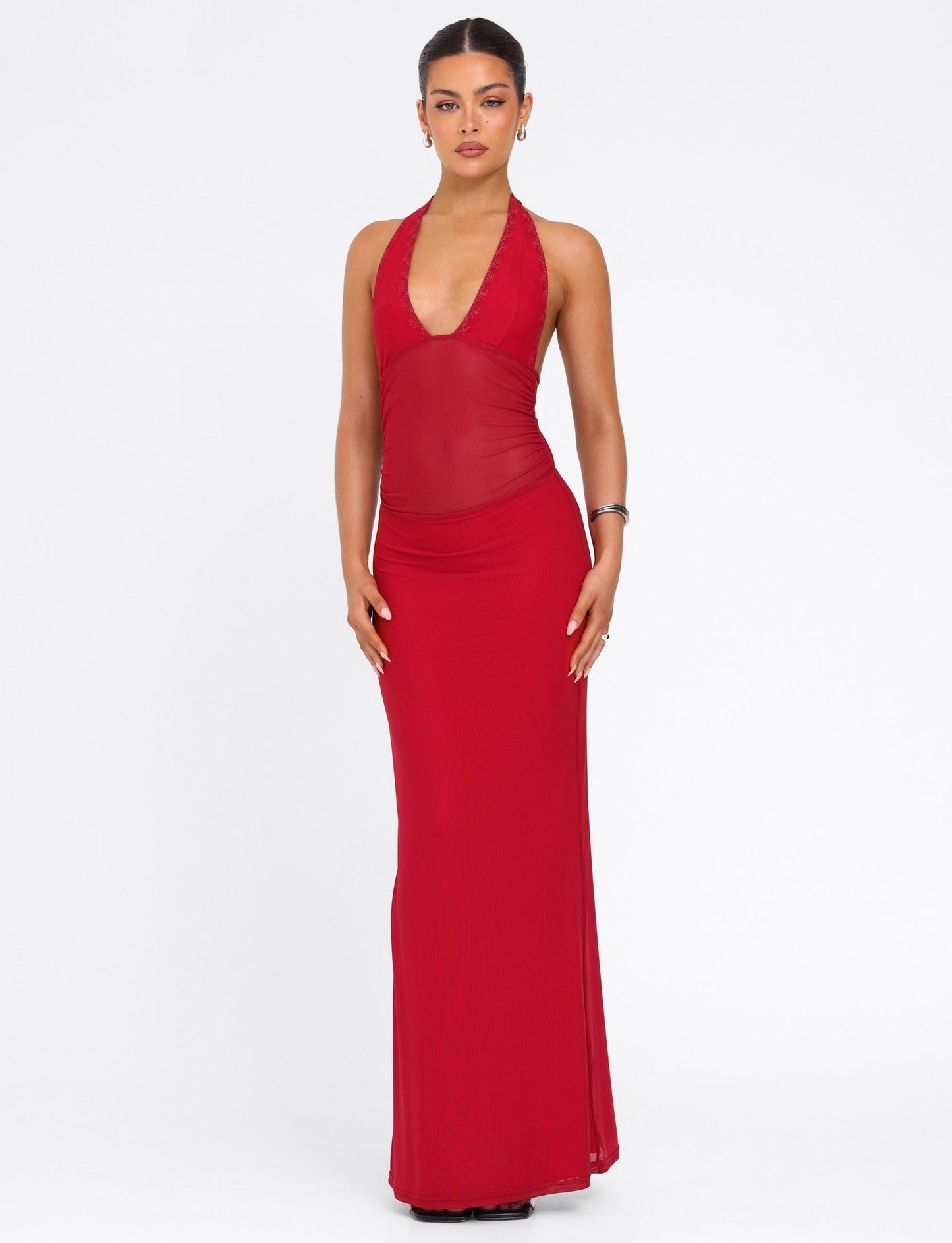 Halter Deep V Plunge Mesh Waist Panel Bodycon Maxi Dress