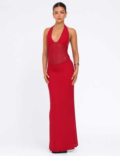 Halter Deep V Plunge Mesh Waist Panel Bodycon Maxi Dress