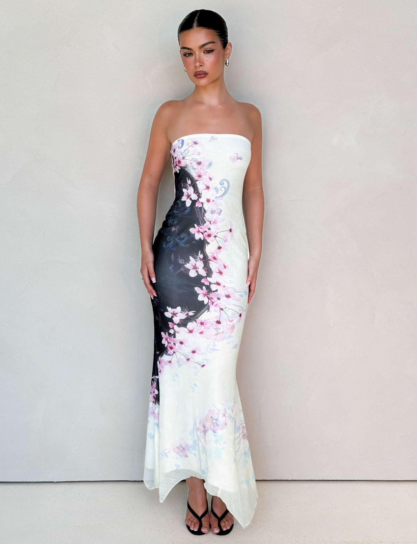 Blossom Print Strapless Contrast Panel Bodycon Maxi Dress
