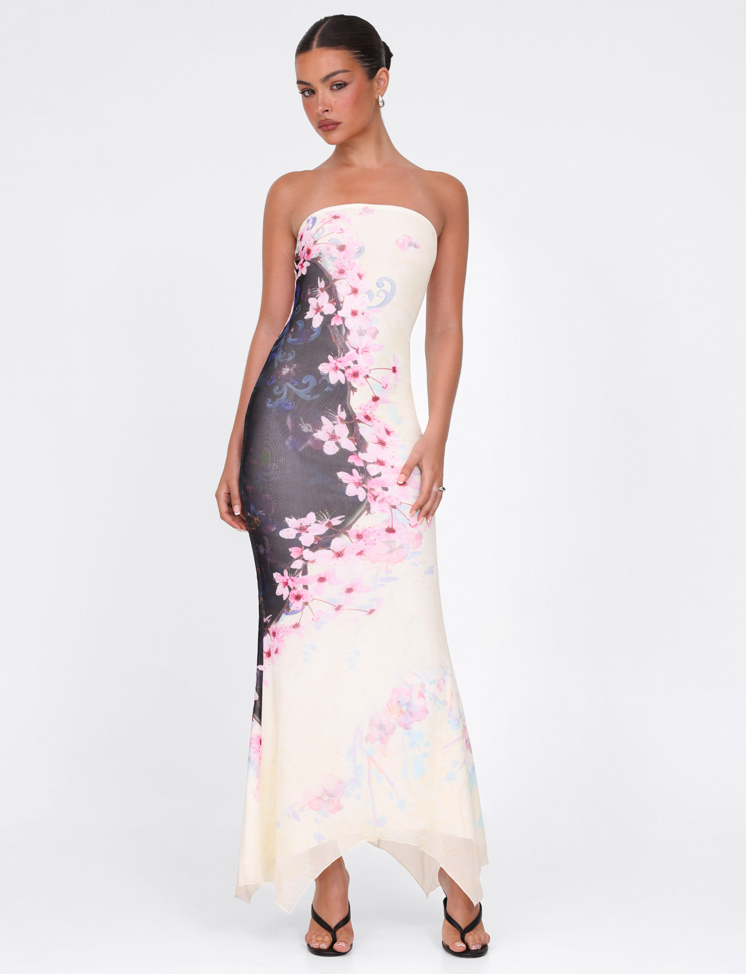 Blossom Print Strapless Contrast Panel Bodycon Maxi Dress
