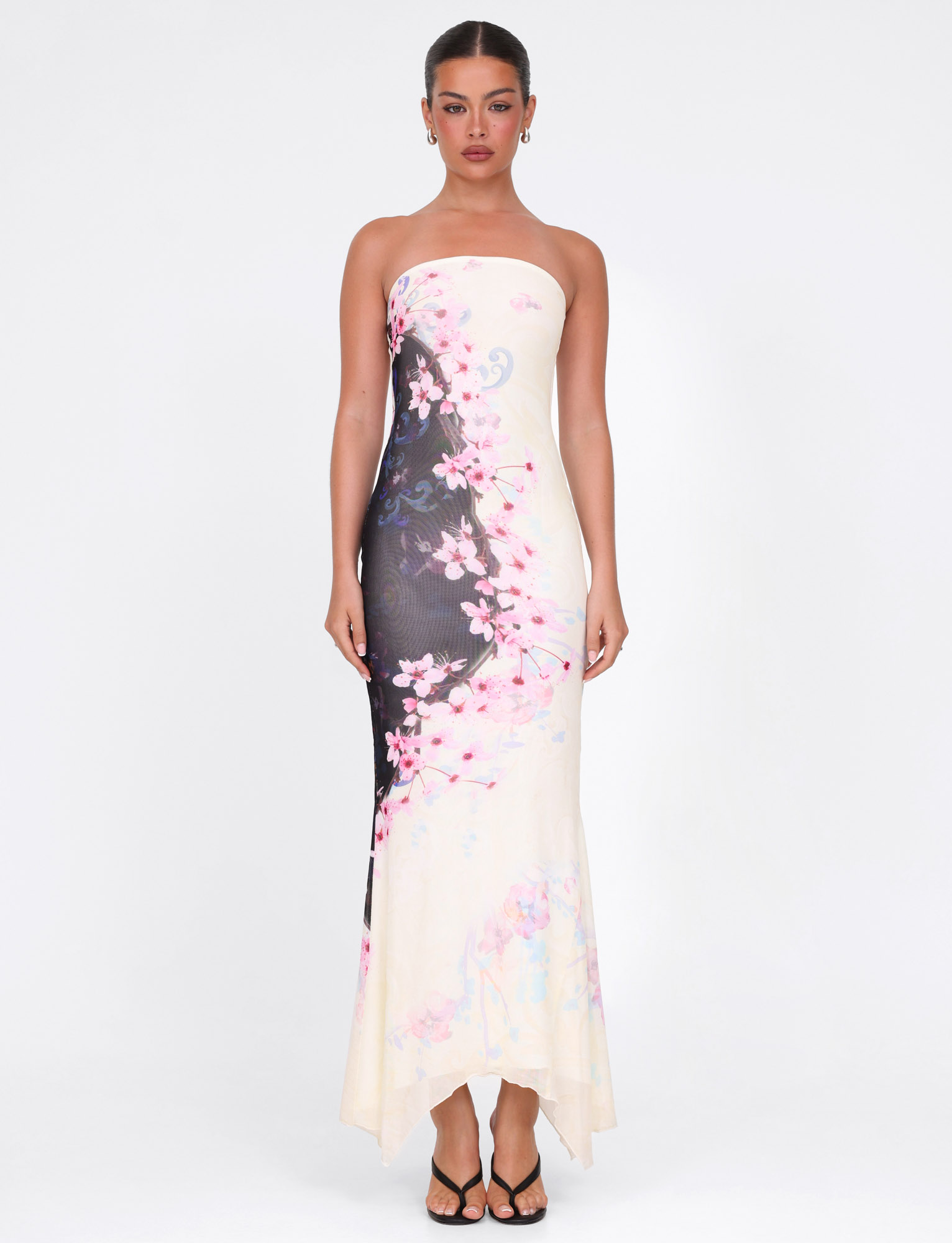 Blossom Print Strapless Contrast Panel Bodycon Maxi Dress