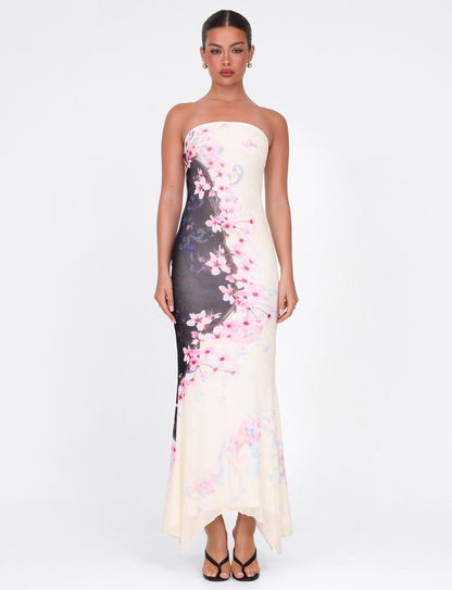 Blossom Print Strapless Contrast Panel Bodycon Maxi Dress
