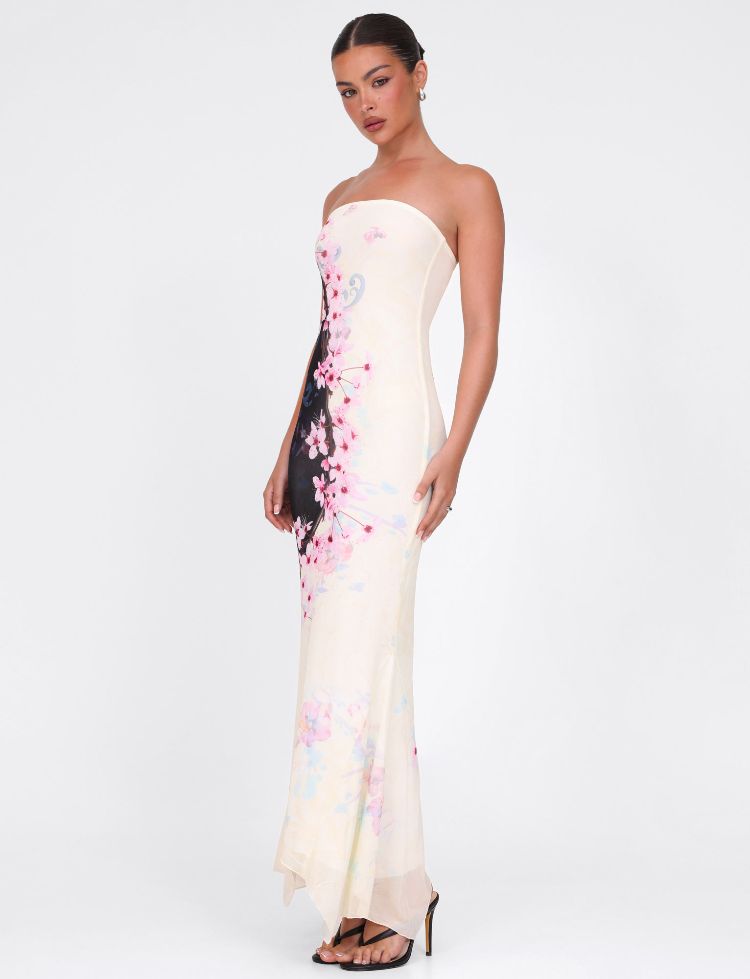 Blossom Print Strapless Contrast Panel Bodycon Maxi Dress
