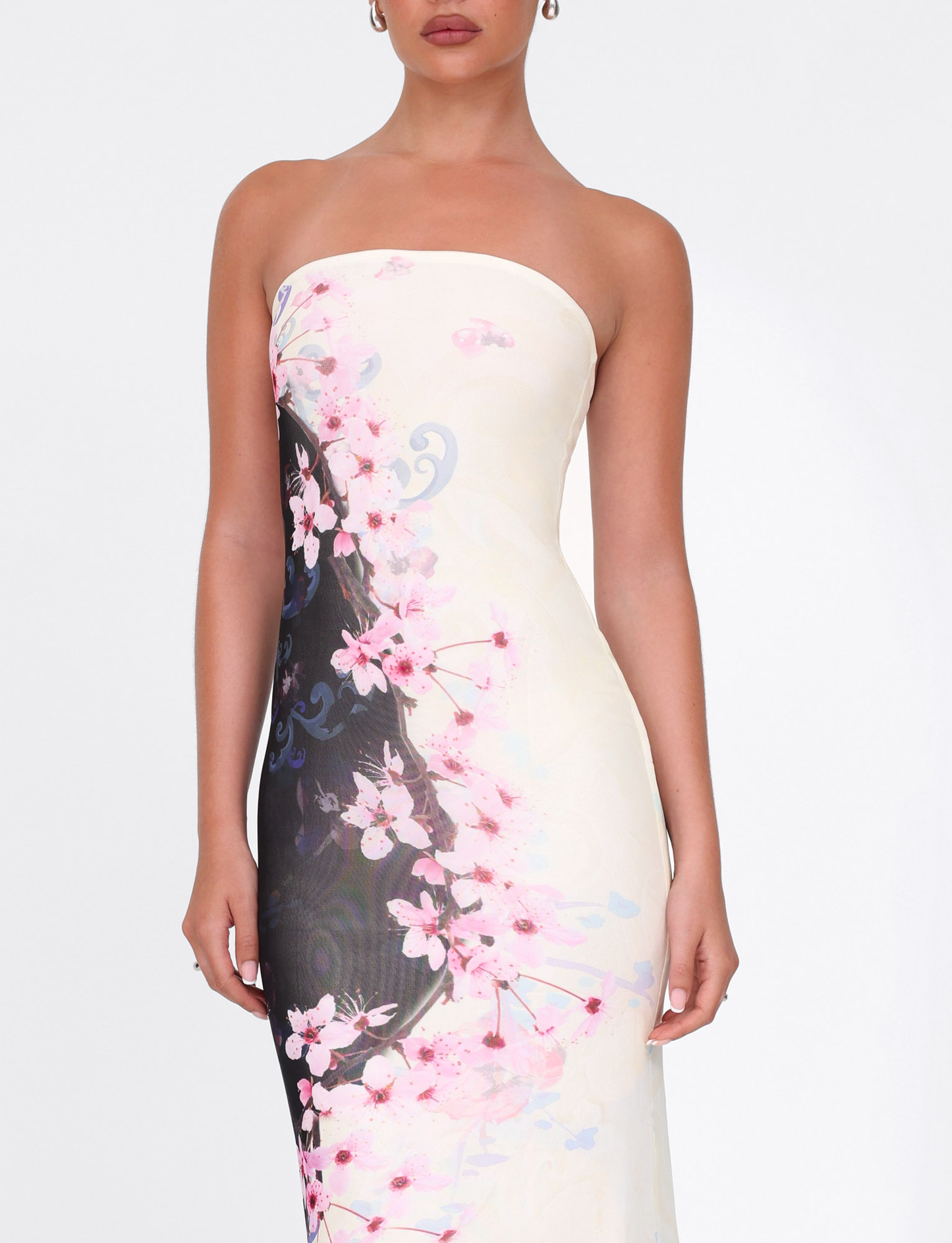 Blossom Print Strapless Contrast Panel Bodycon Maxi Dress