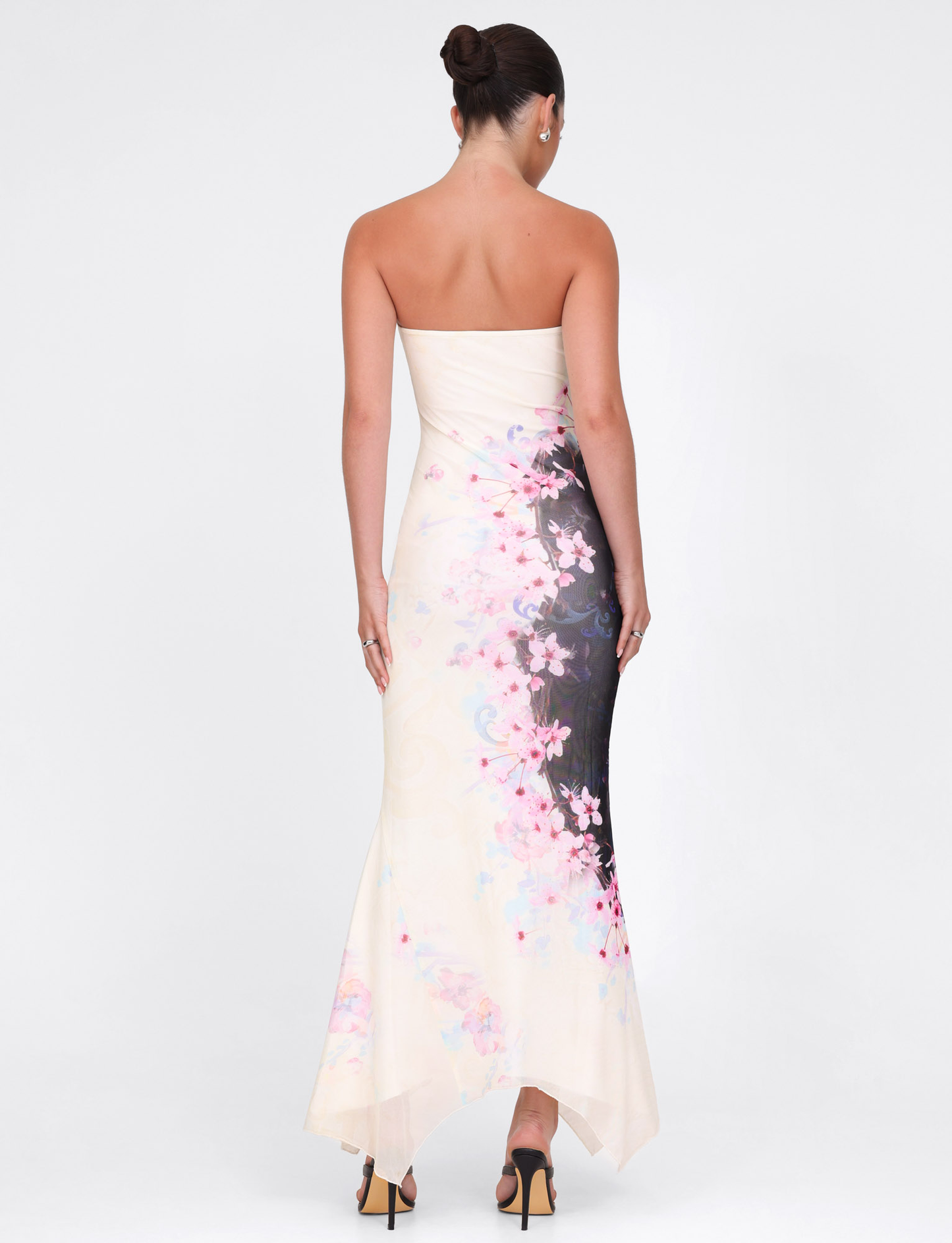 Blossom Print Strapless Contrast Panel Bodycon Maxi Dress