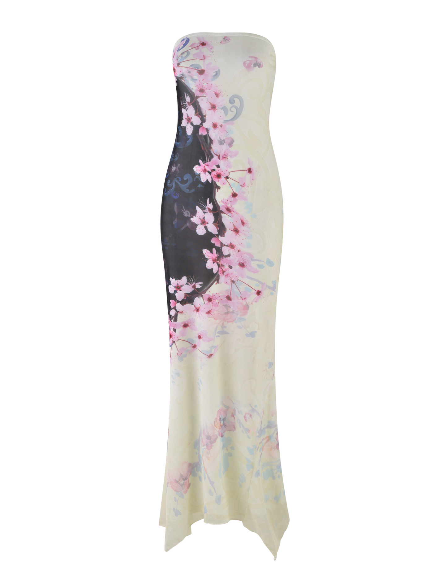 Blossom Print Strapless Contrast Panel Bodycon Maxi Dress