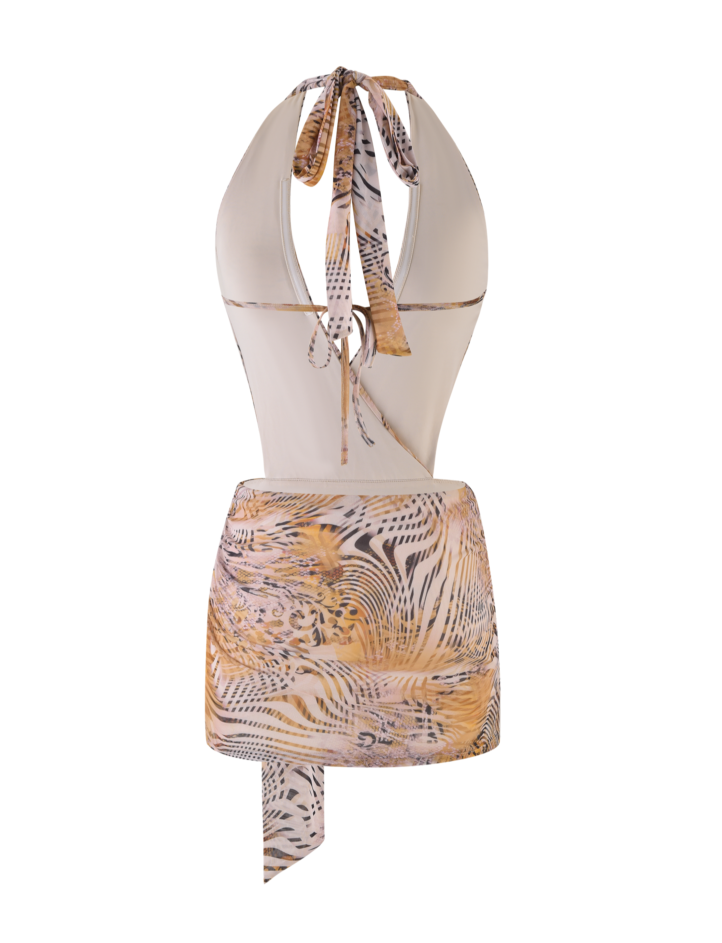 Abstract Marble Print Halter Plunge Neck Waist Cutout Mini Dress