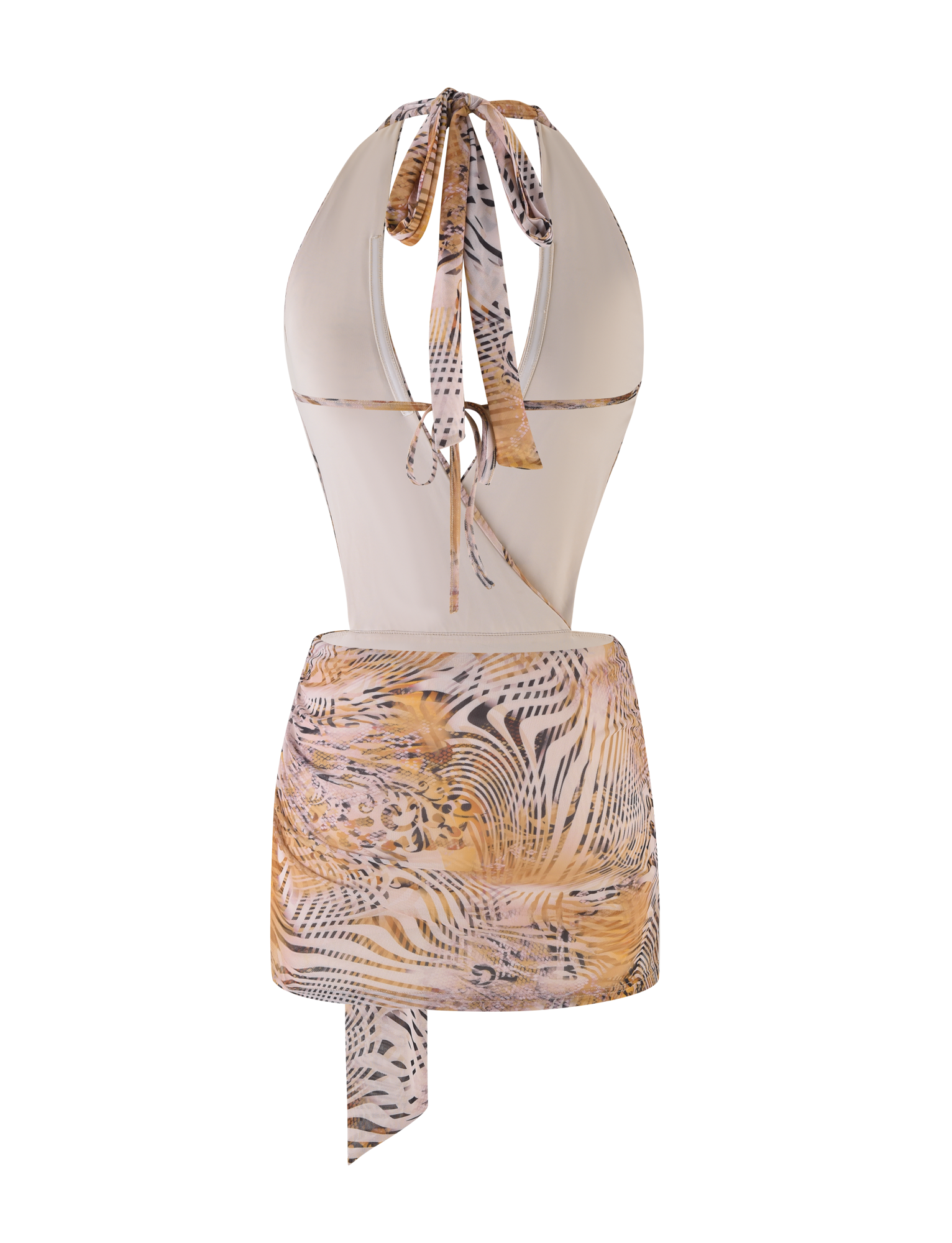 Abstract Marble Print Halter Plunge Neck Waist Cutout Mini Dress