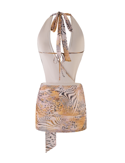 Abstract Marble Print Halter Plunge Neck Waist Cutout Mini Dress