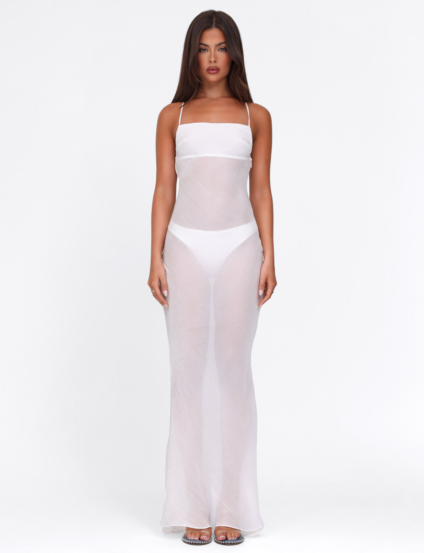 Spaghetti Strap Crisscross Back Sheer Shimmer Open Back Maxi Dress
