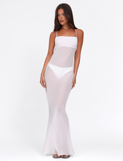 Spaghetti Strap Crisscross Back Sheer Shimmer Open Back Maxi Dress