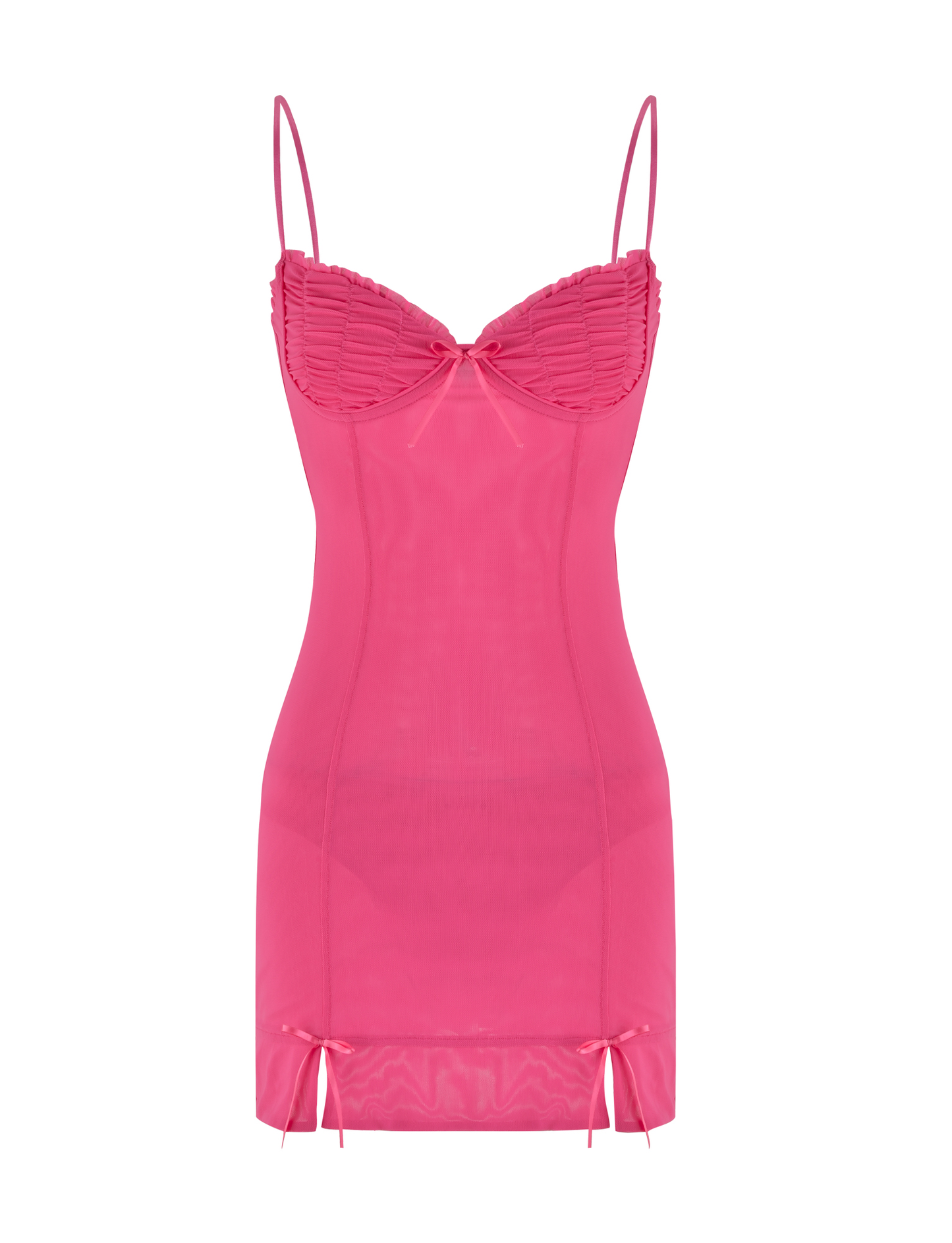 Sweetheart Ruched Mesh Bow Detail Front Slit Mini Dress