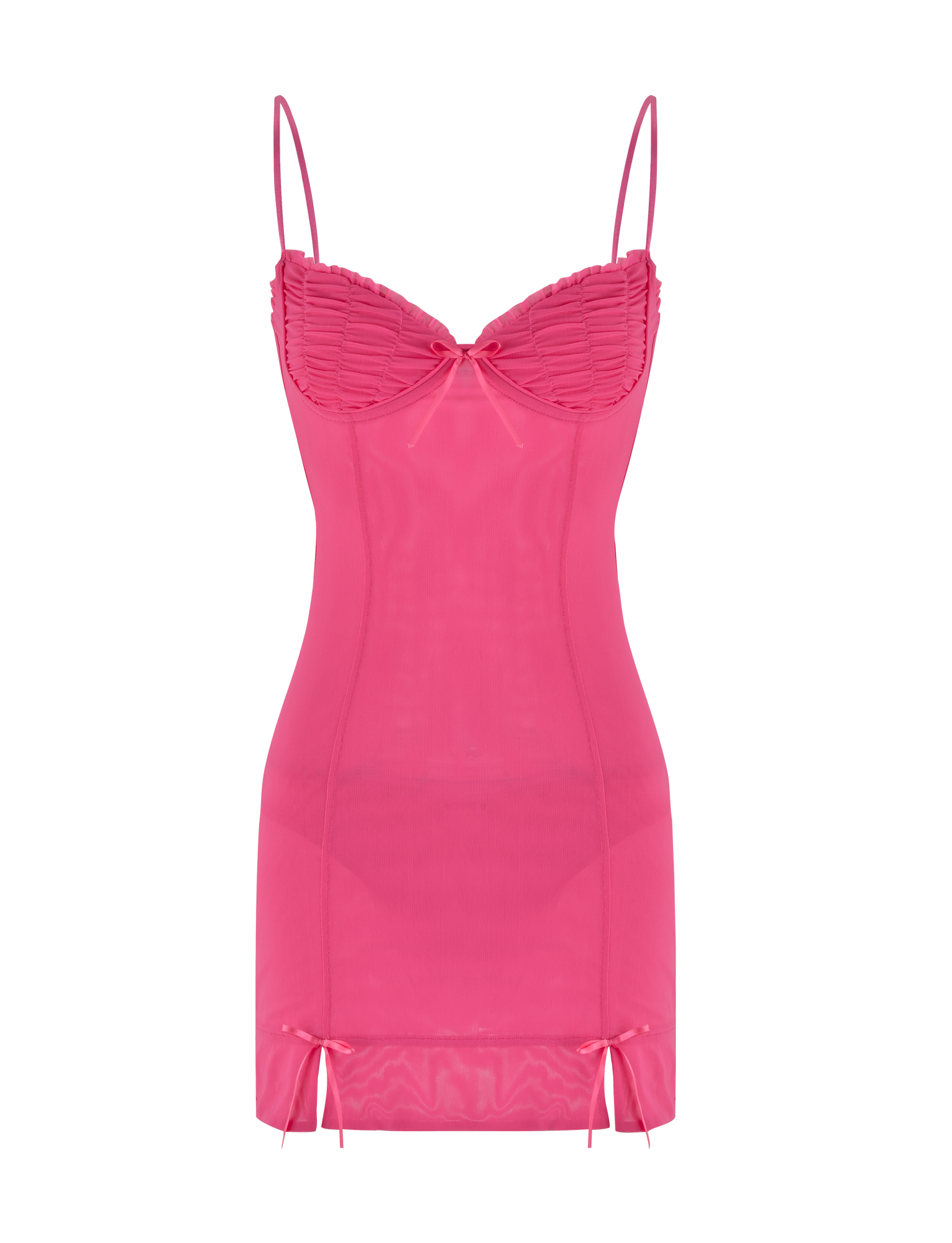 Sweetheart Ruched Mesh Bow Detail Front Slit Mini Dress
