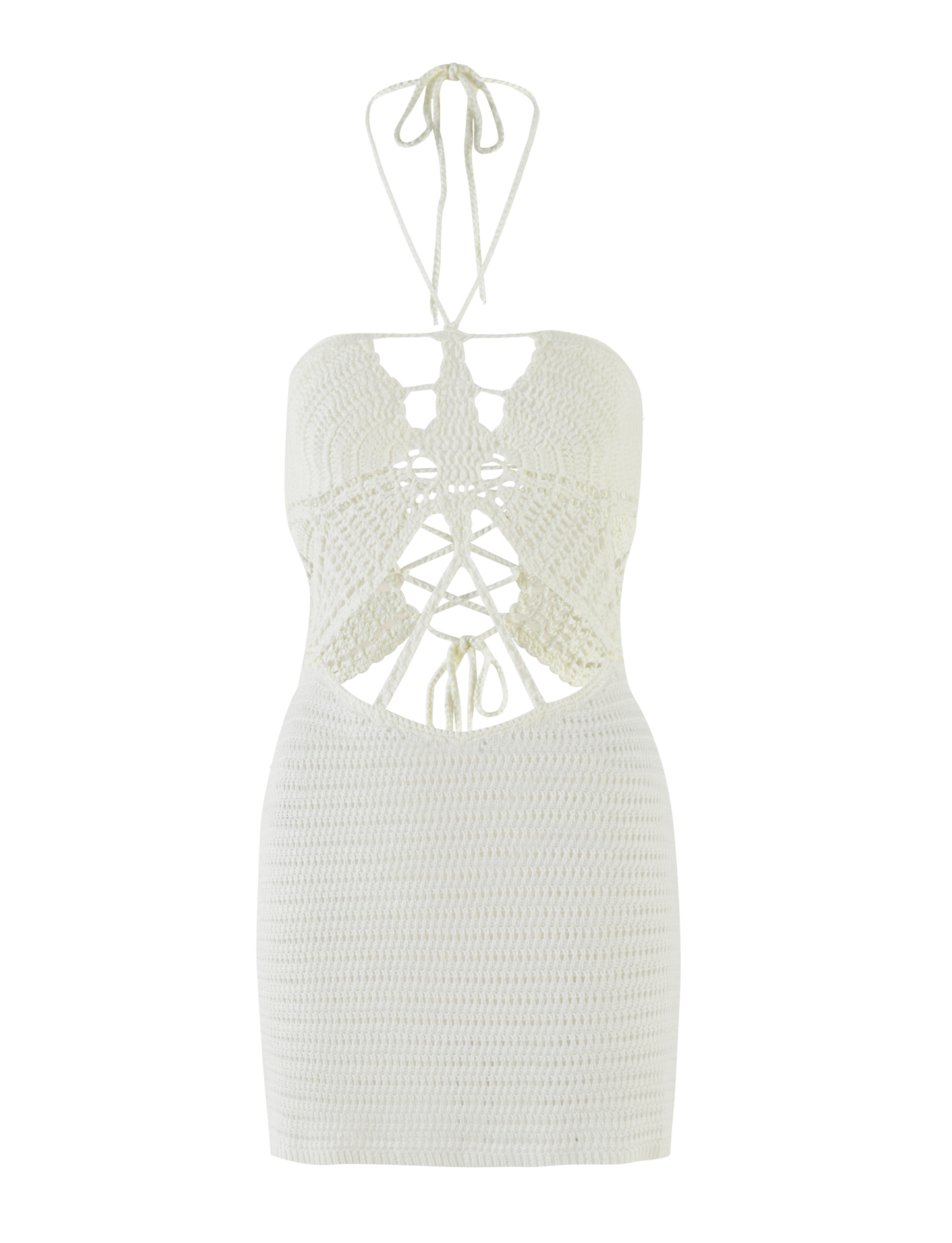 Crochet Halter Tie Neck Butterfly Bodice Cutout Bodycon Mini Dress