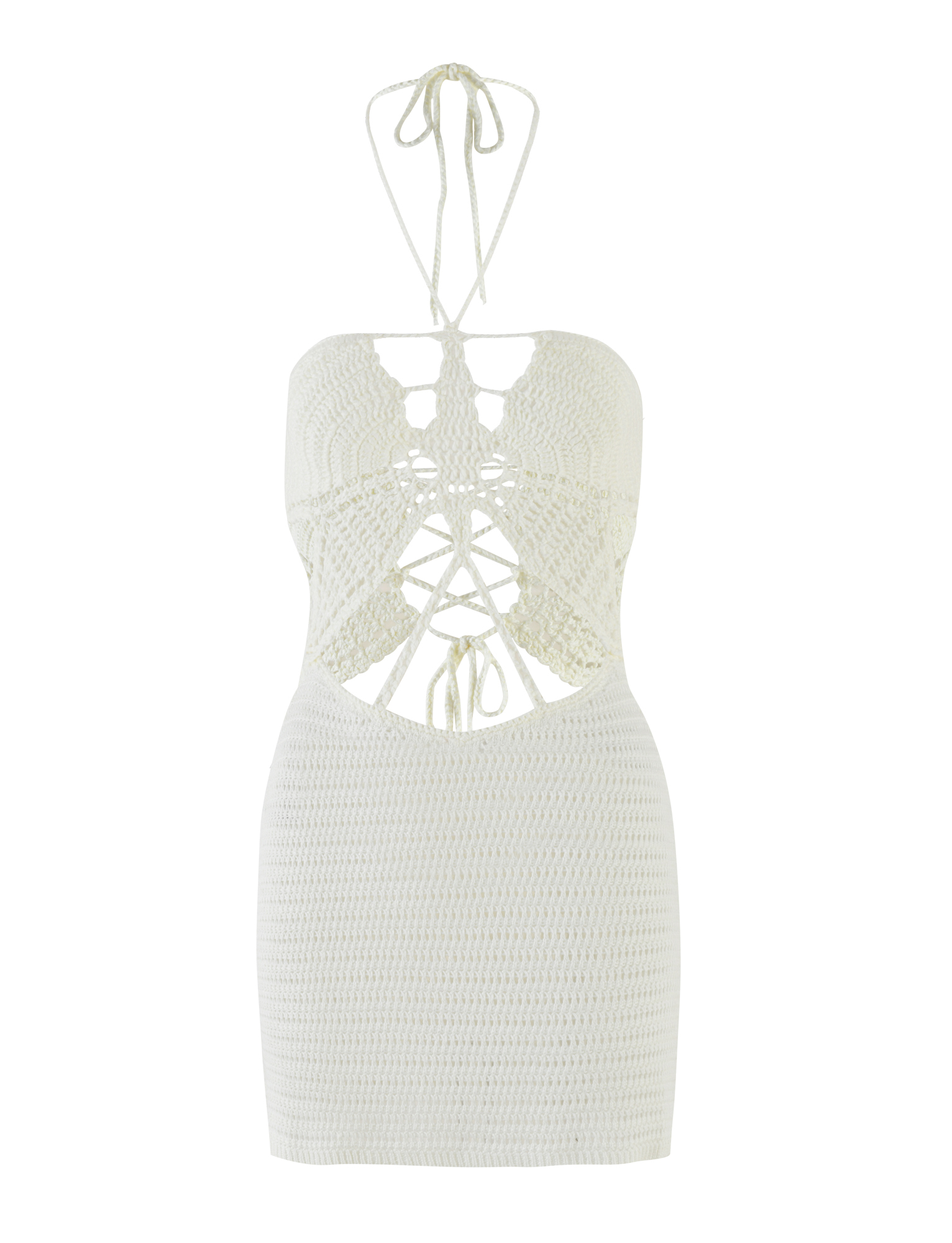 Crochet Halter Tie Neck Butterfly Bodice Cutout Bodycon Mini Dress