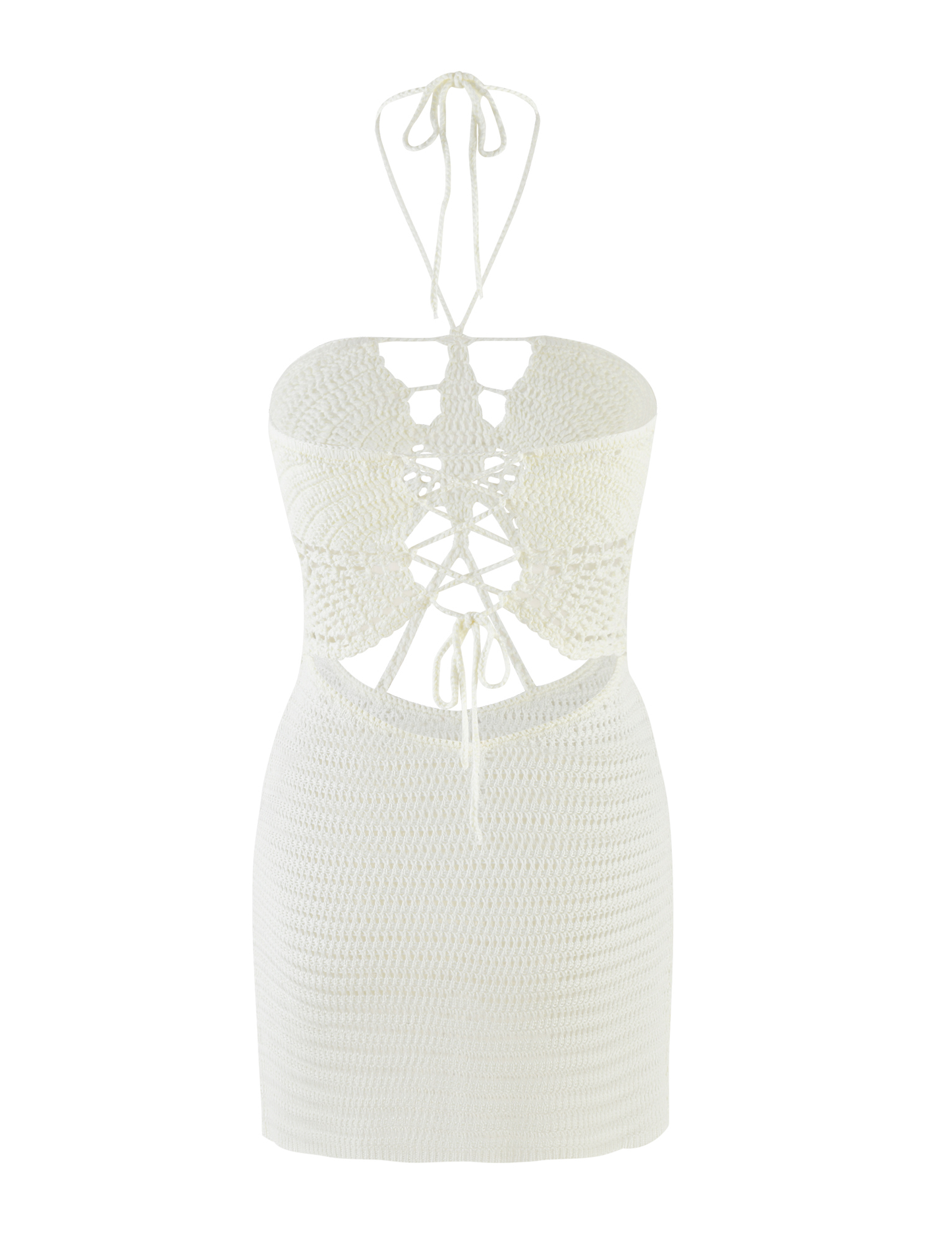 Crochet Halter Tie Neck Butterfly Bodice Cutout Bodycon Mini Dress
