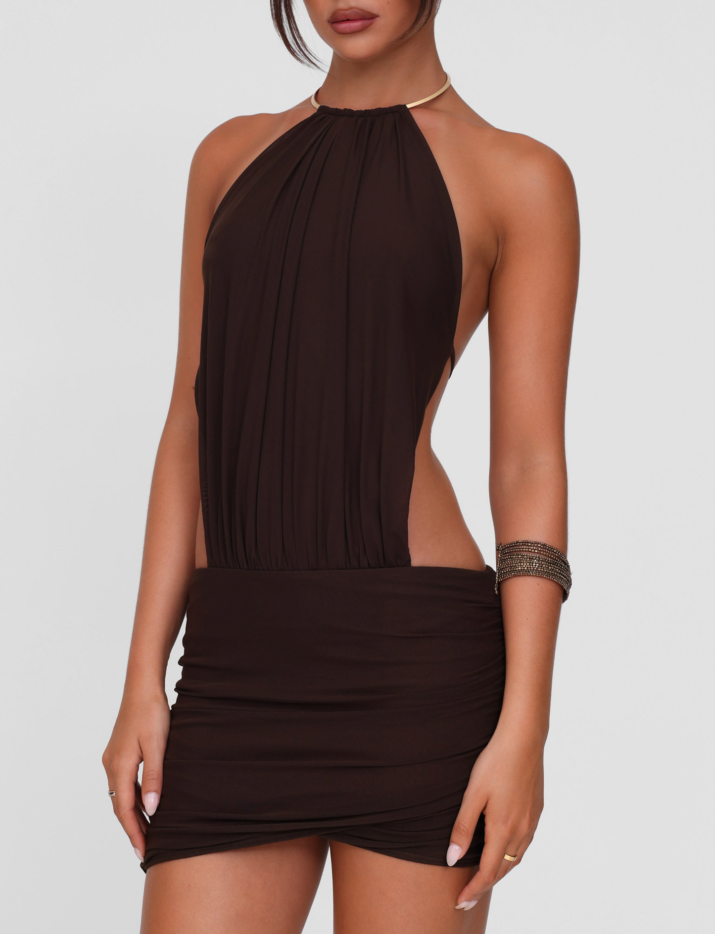 Halter Ring Collar Side Cutout Ruched Bodycon Mini Dress