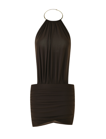Halter Ring Collar Side Cutout Ruched Bodycon Mini Dress