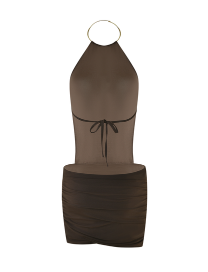Halter Ring Collar Side Cutout Ruched Bodycon Mini Dress