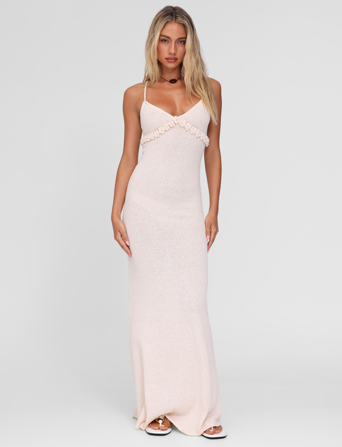 Crochet Floral Trim Empire Waist Spaghetti Strap Maxi Dress