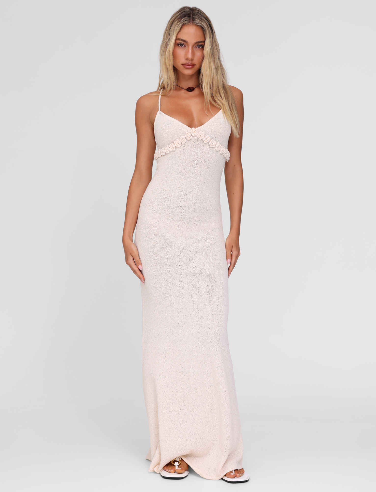 Crochet Floral Trim Empire Waist Spaghetti Strap Maxi Dress