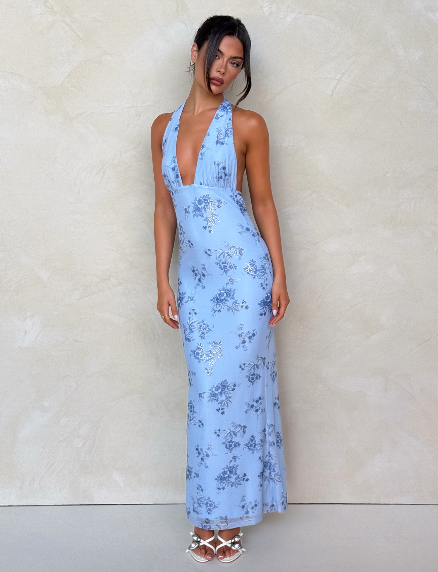 Floral Print Halter Neck Plunging Column Maxi Dress