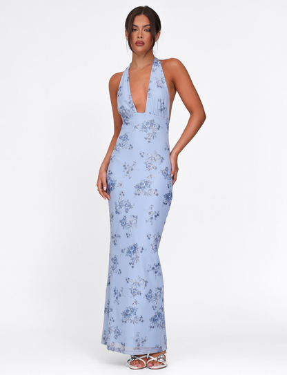 Floral Print Halter Neck Plunging Column Maxi Dress